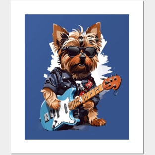 Yorkshire Terrier Playing Guitar Posters and Art